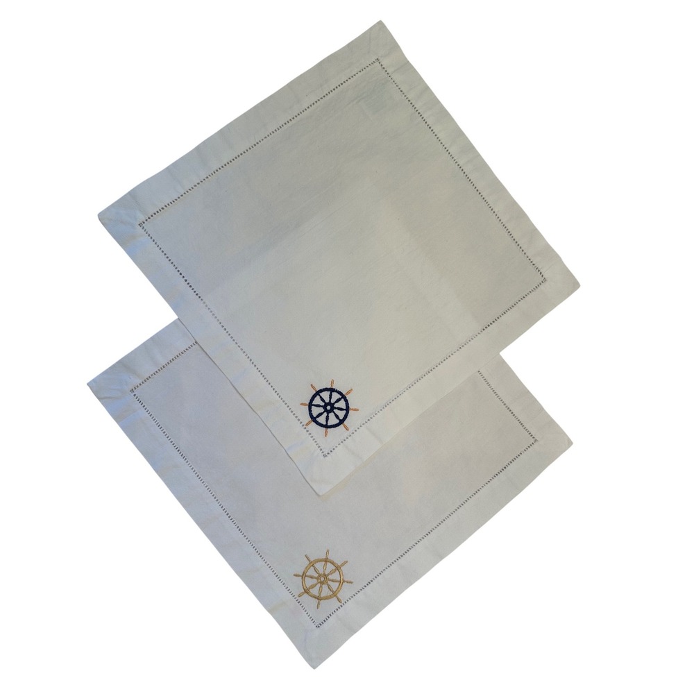 Williams Sonoma Nautical Hemstitch Cotton Napkins Cocktail Bar Set of 2, READ